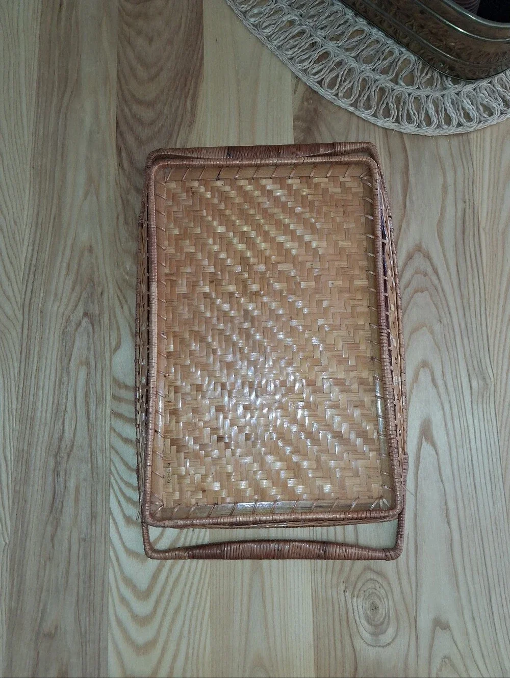 Vintage Rattan Tray Basket MCM Handwoven